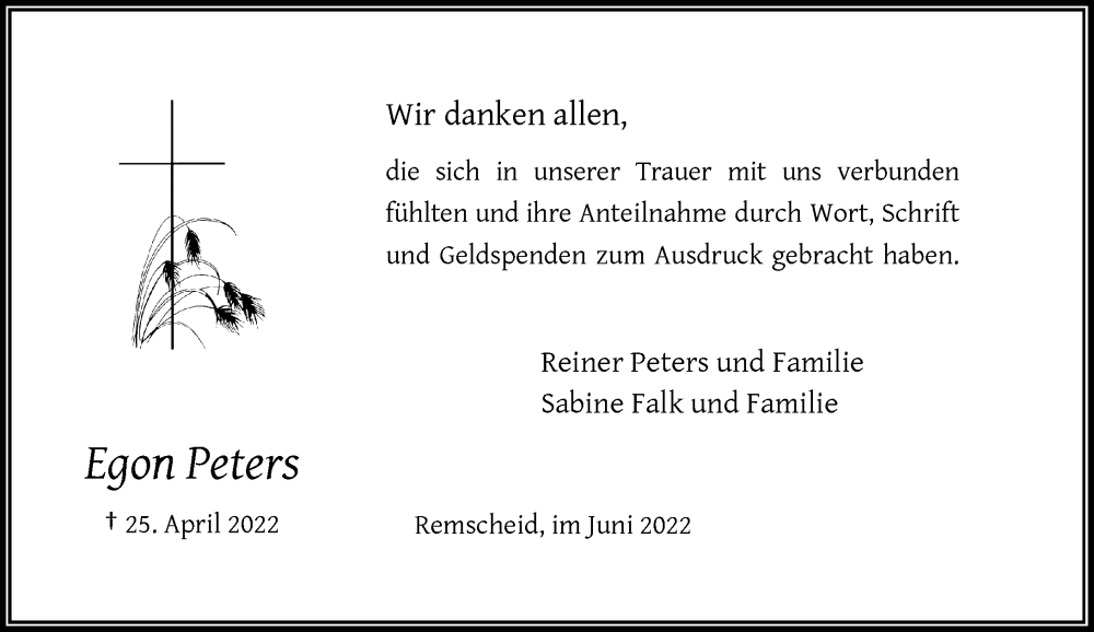  Traueranzeige für Egon Peters vom 04.06.2022 aus Rheinische Post