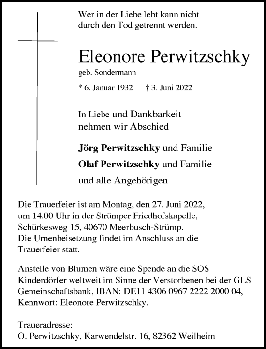 Traueranzeige von Eleonore Perwitzschky von Rheinische Post