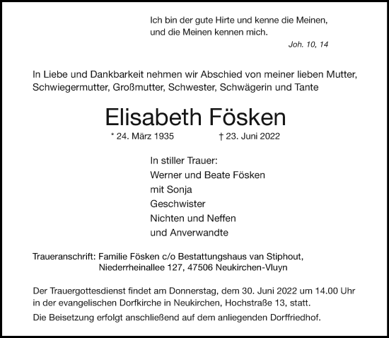 Traueranzeige von Elisabeth Fösken von Rheinische Post