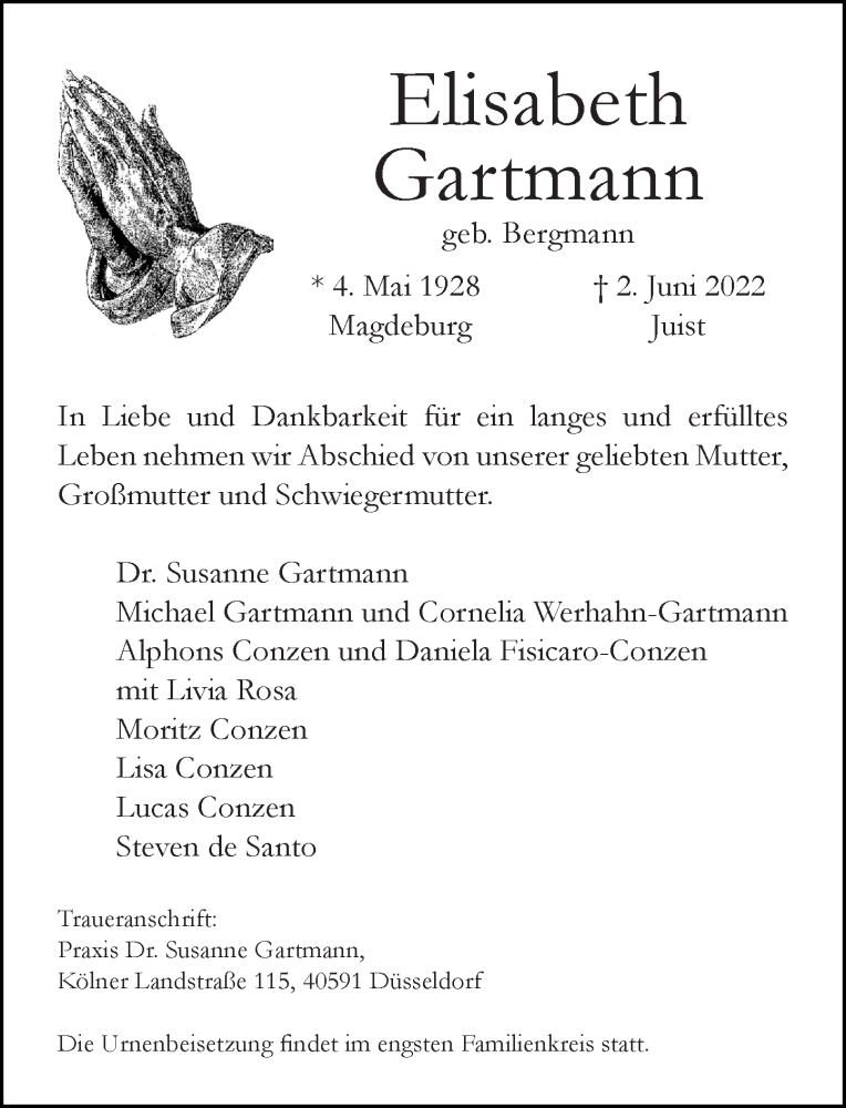  Traueranzeige für Elisabeth Gartmann vom 25.06.2022 aus Rheinische Post