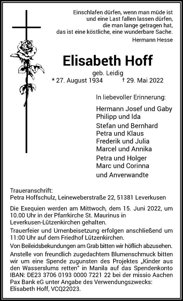  Traueranzeige für Elisabeth Hoff vom 14.06.2022 aus Rheinische Post
