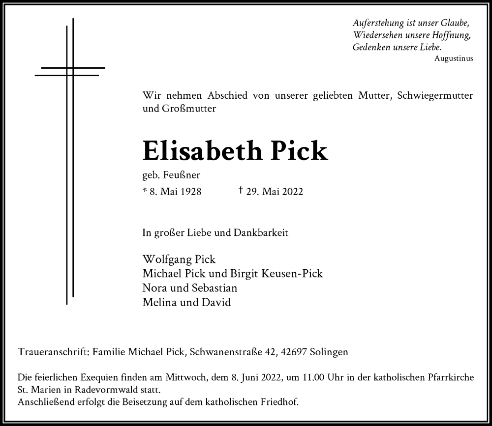  Traueranzeige für Elisabeth Pick vom 04.06.2022 aus Rheinische Post
