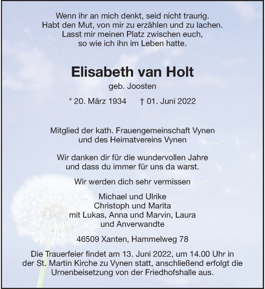  Traueranzeige für Elisabeth van Holt vom 08.06.2022 aus Rheinische Post