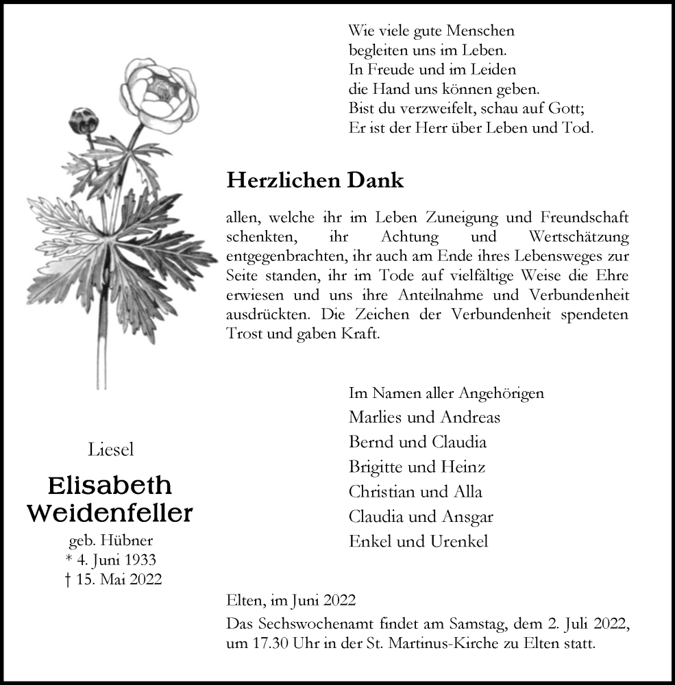  Traueranzeige für Elisabeth Weidenfeller vom 25.06.2022 aus Rheinische Post