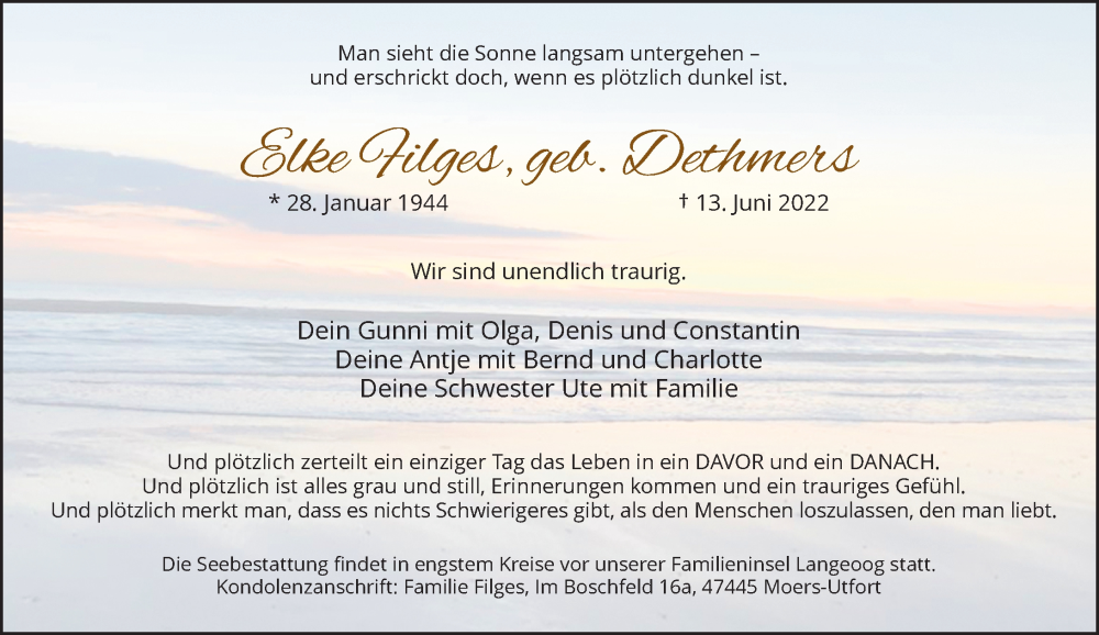  Traueranzeige für Elke Filges vom 15.06.2022 aus Rheinische Post