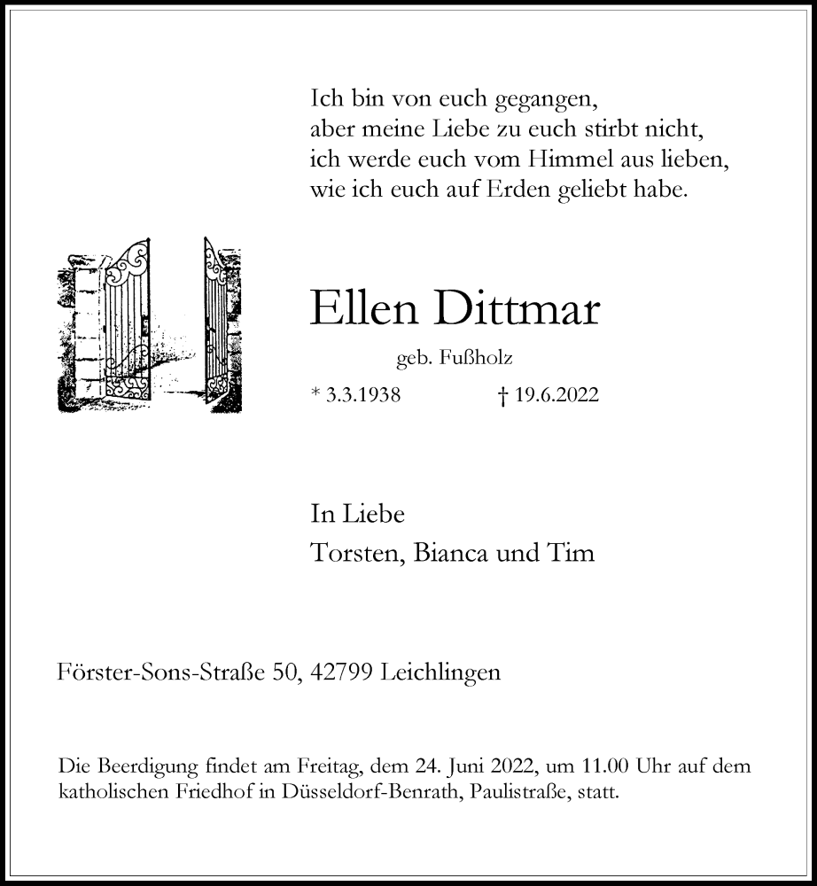  Traueranzeige für Ellen Dittmar vom 22.06.2022 aus Rheinische Post