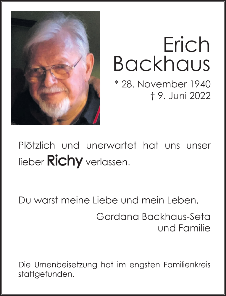  Traueranzeige für Erich Backhaus vom 25.06.2022 aus Rheinische Post