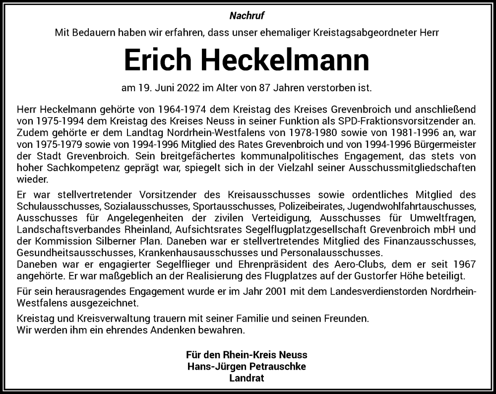  Traueranzeige für Erich Heckelmann vom 25.06.2022 aus Rheinische Post
