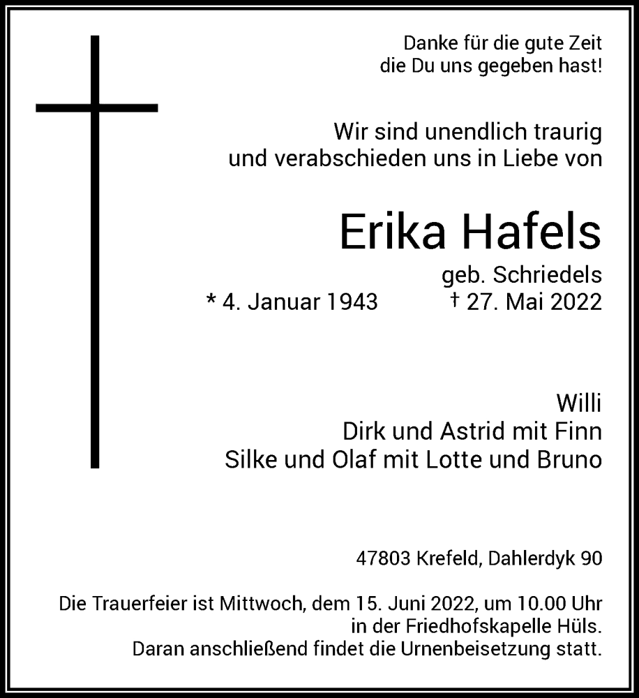  Traueranzeige für Erika Hafels vom 04.06.2022 aus Rheinische Post