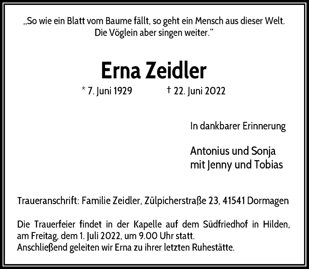  Traueranzeige für Erna Zeidler vom 25.06.2022 aus Rheinische Post