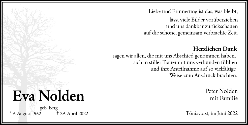  Traueranzeige für Eva Nolden vom 04.06.2022 aus Rheinische Post