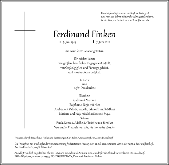 Traueranzeige von Ferdinand Finken von Rheinische Post