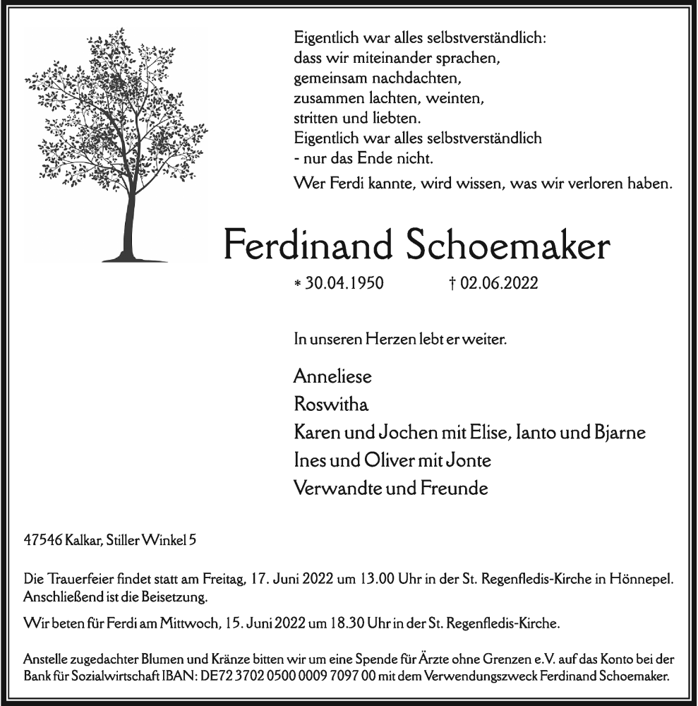  Traueranzeige für Ferdinand Schoemaker vom 11.06.2022 aus Rheinische Post