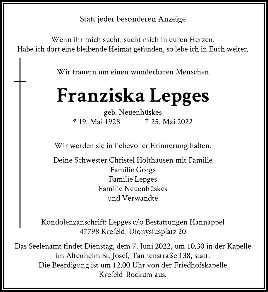  Traueranzeige für Franziska Lepges vom 04.06.2022 aus Rheinische Post