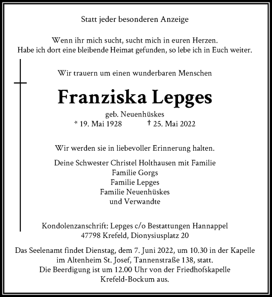 Traueranzeige von Franziska Lepges von Rheinische Post