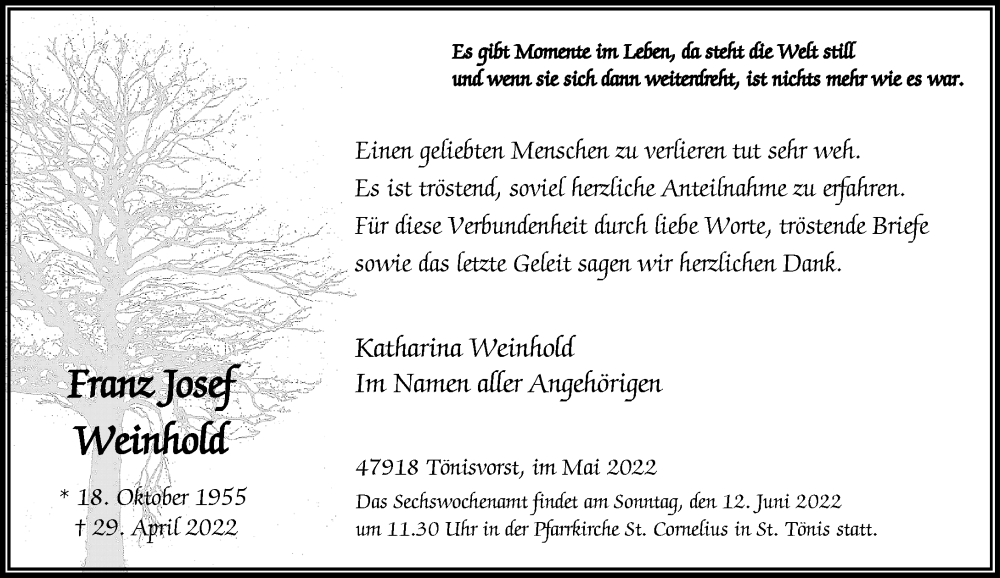 Traueranzeige für Franz Josef Weinhold vom 04.06.2022 aus Rheinische Post