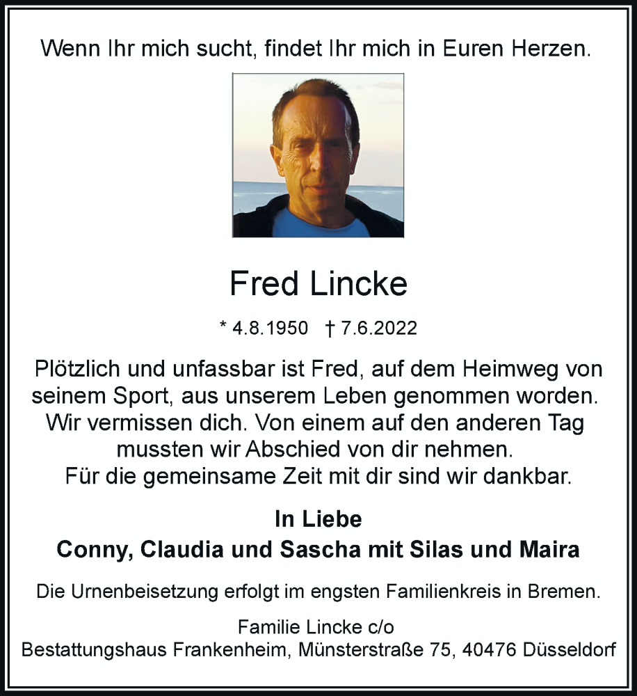  Traueranzeige für Fred Lincke vom 25.06.2022 aus Rheinische Post