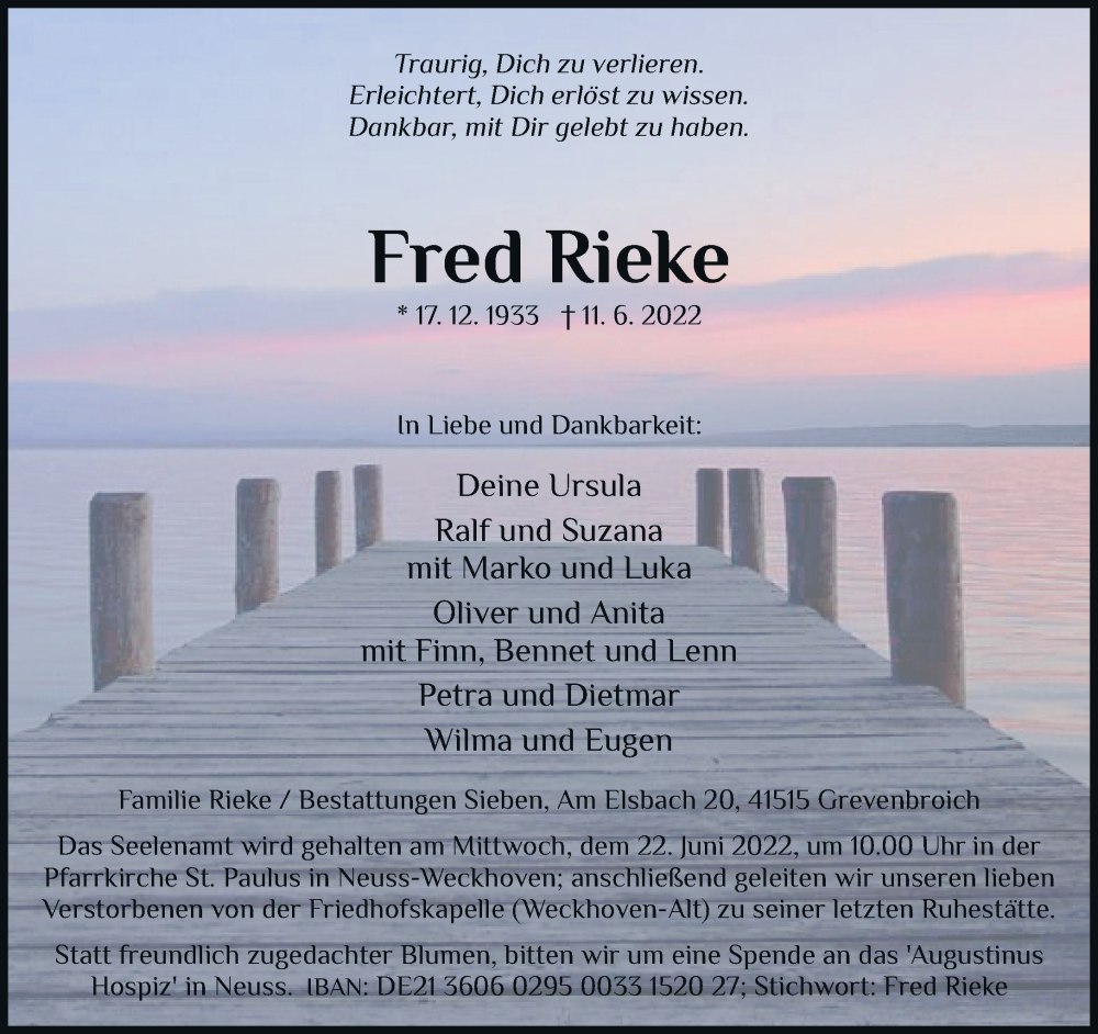 Traueranzeige für Fred Rieke vom 18.06.2022 aus Rheinische Post