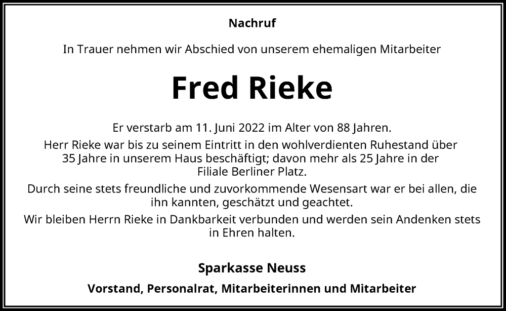 Traueranzeige für Fred Rieke vom 25.06.2022 aus Rheinische Post