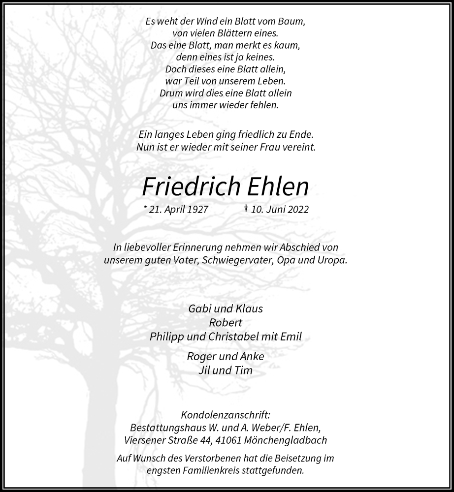  Traueranzeige für Friedrich Ehlen vom 02.07.2022 aus Rheinische Post