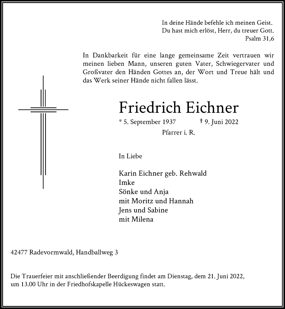  Traueranzeige für Friedrich Eichner vom 18.06.2022 aus Rheinische Post