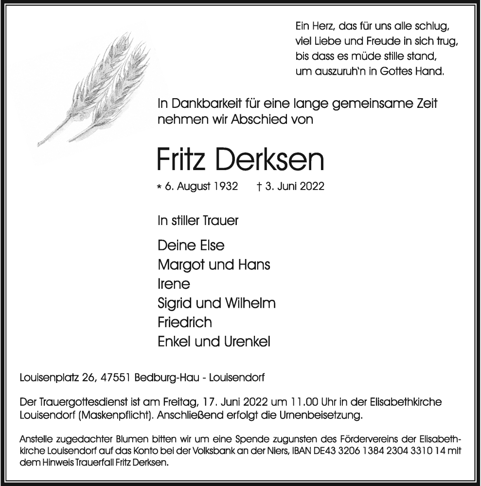  Traueranzeige für Fritz Derksen vom 11.06.2022 aus Rheinische Post
