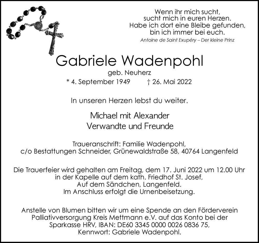  Traueranzeige für Gabriele Wadenpohl vom 11.06.2022 aus Rheinische Post