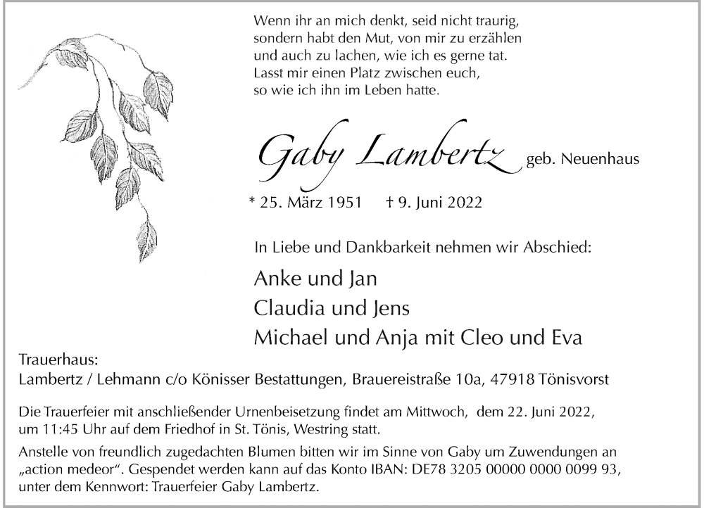  Traueranzeige für Gaby Lambertz vom 18.06.2022 aus Rheinische Post