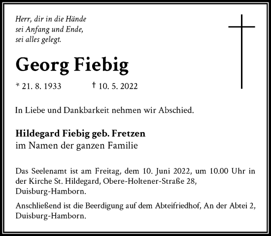 Traueranzeige von Georg Fiebig von Rheinische Post