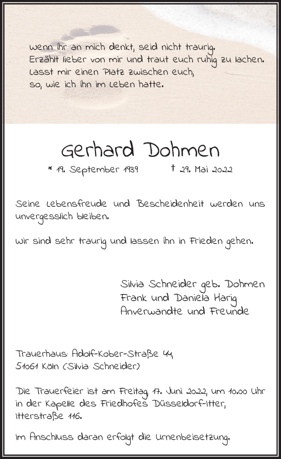 Traueranzeige von Gerhard Dohmen von Rheinische Post