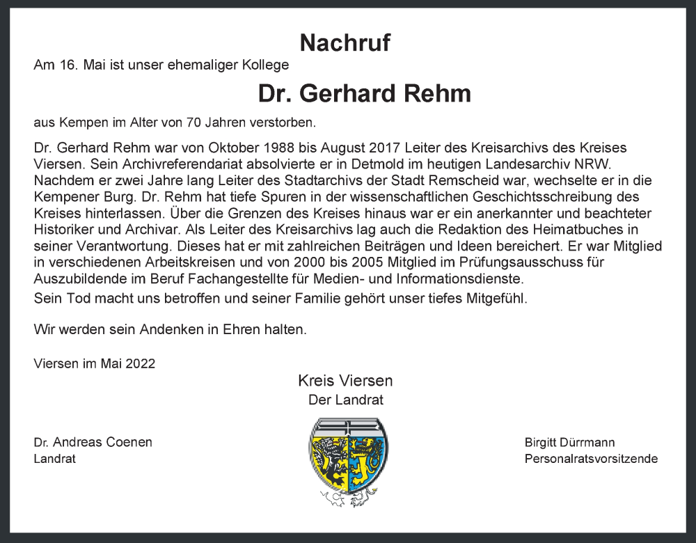  Traueranzeige für Gerhard Rehm vom 02.06.2022 aus Rheinische Post