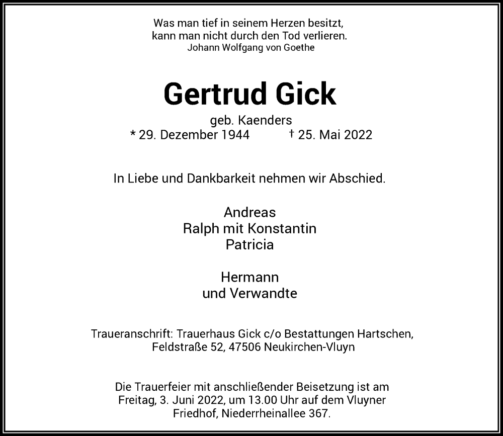  Traueranzeige für Gertrud Gick vom 02.06.2022 aus Rheinische Post
