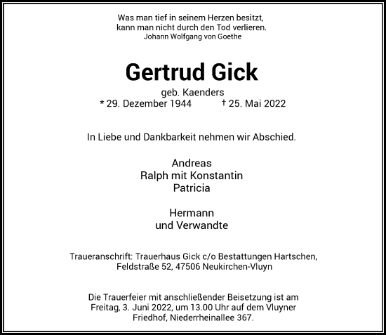 Traueranzeige von Gertrud Gick von Rheinische Post