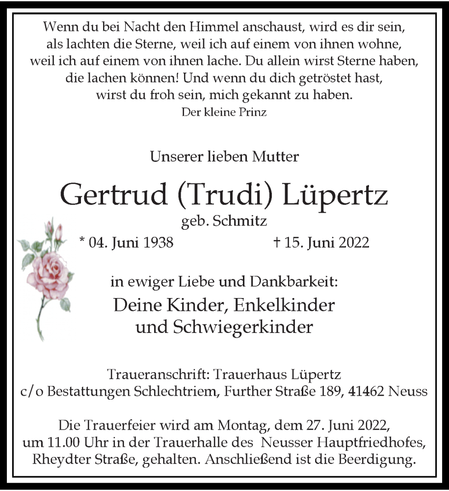  Traueranzeige für Gertrud Lüpertz vom 25.06.2022 aus Rheinische Post