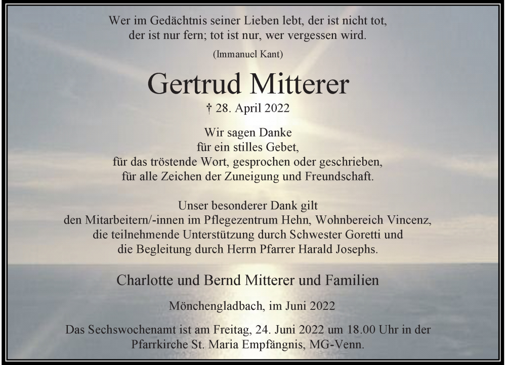  Traueranzeige für Gertrud Mitterer vom 18.06.2022 aus Rheinische Post