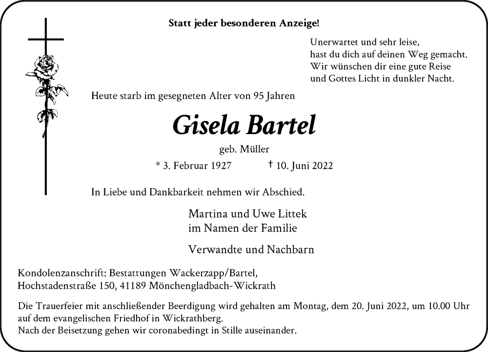  Traueranzeige für Gisela Bartel vom 15.06.2022 aus Rheinische Post