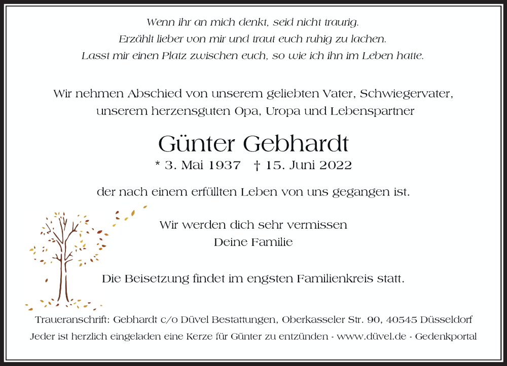  Traueranzeige für Günter Gebhardt vom 25.06.2022 aus Rheinische Post