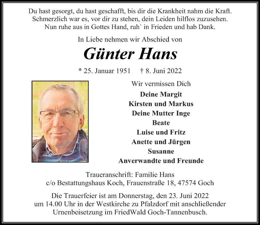  Traueranzeige für Günter Hans vom 18.06.2022 aus Rheinische Post