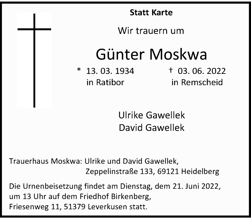  Traueranzeige für Günter Moskwa vom 18.06.2022 aus Rheinische Post