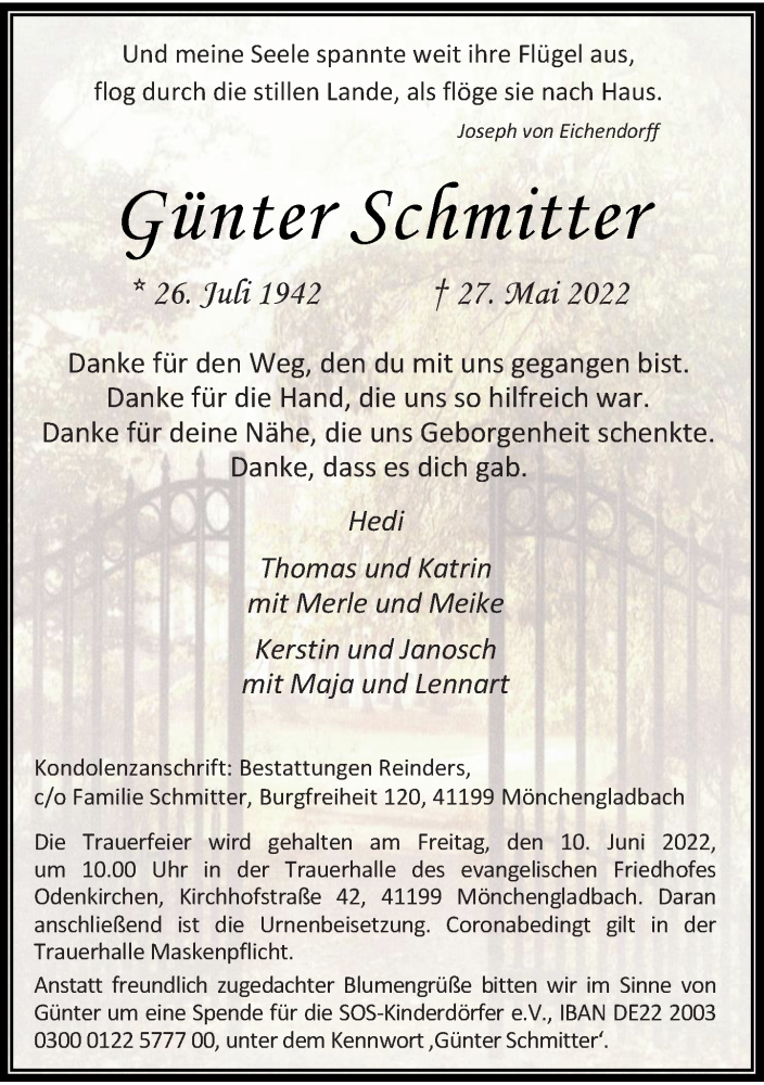  Traueranzeige für Günter Schmitter vom 04.06.2022 aus Rheinische Post