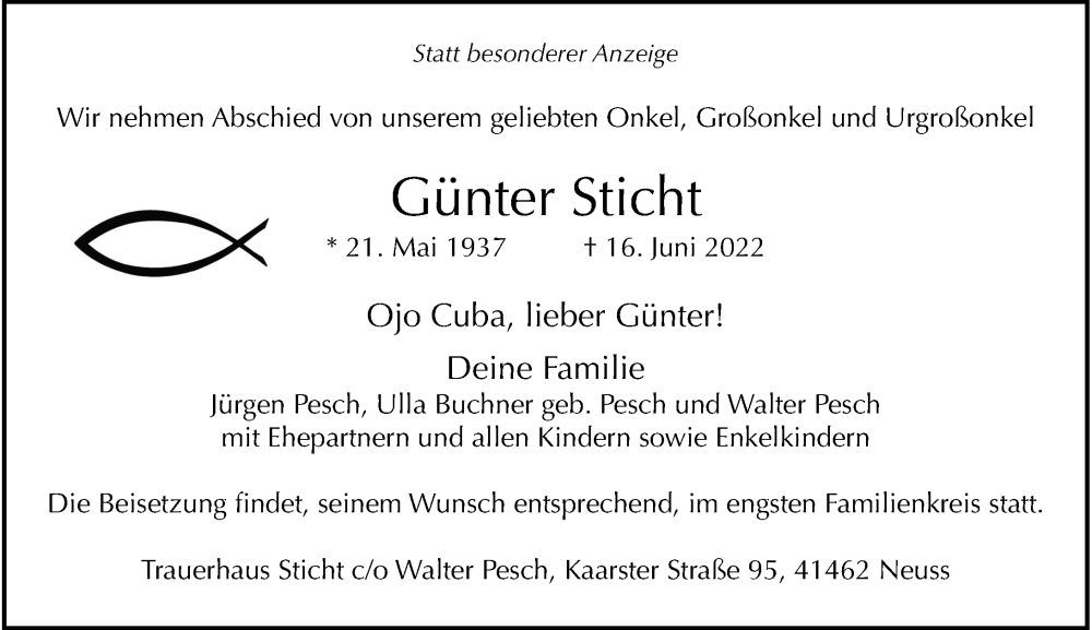  Traueranzeige für Günter Sticht vom 25.06.2022 aus Rheinische Post