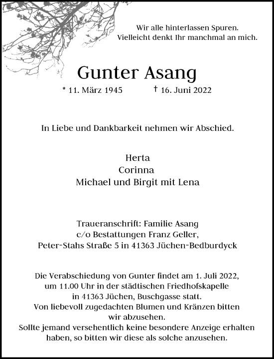 Traueranzeige von Gunter Asang von Rheinische Post