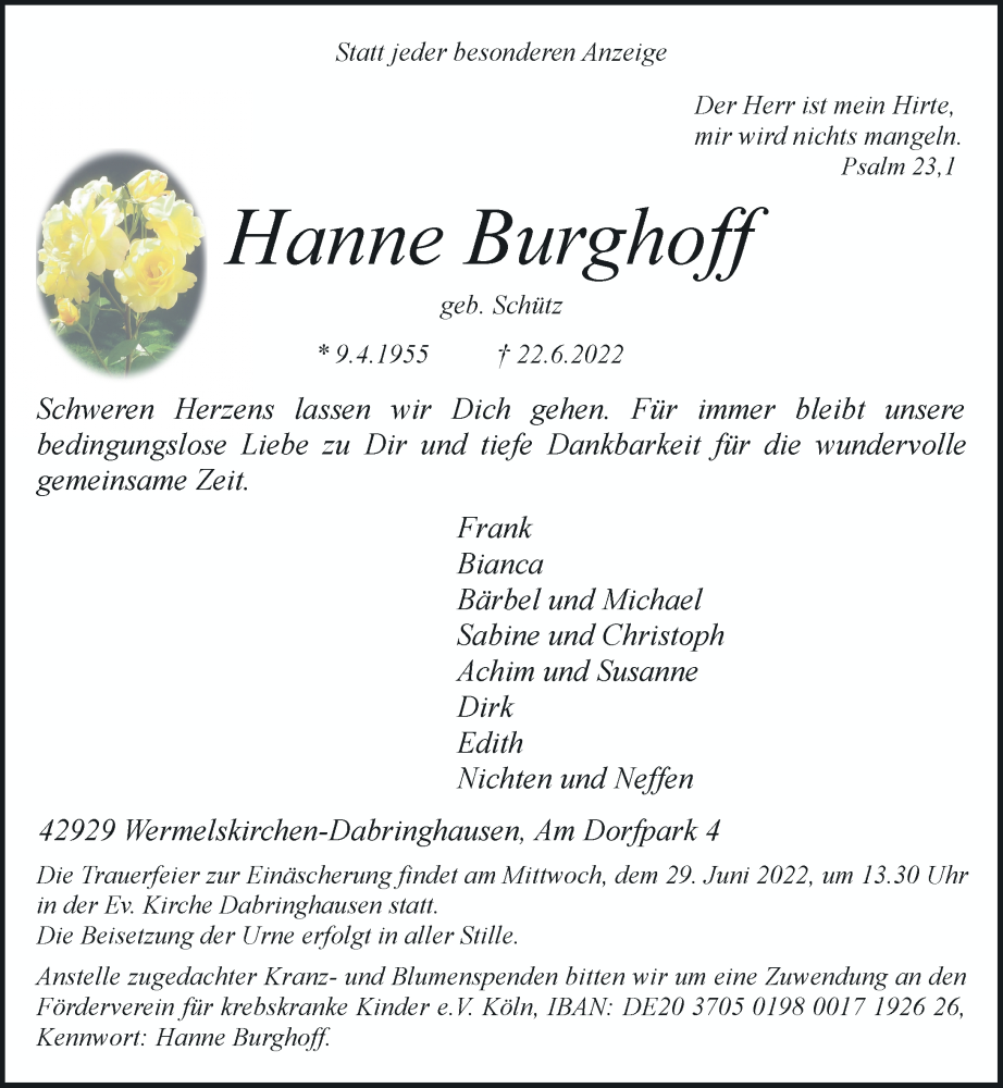  Traueranzeige für Hanne Burghoff vom 25.06.2022 aus Rheinische Post