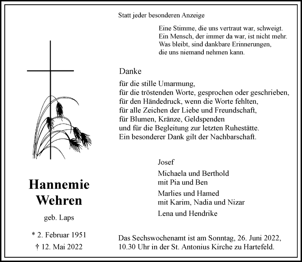  Traueranzeige für Hannemie Wehren vom 18.06.2022 aus Rheinische Post
