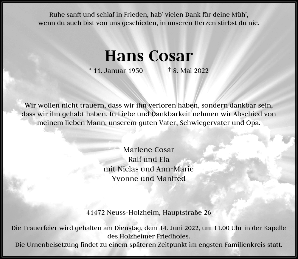  Traueranzeige für Hans Cosar vom 11.06.2022 aus Rheinische Post