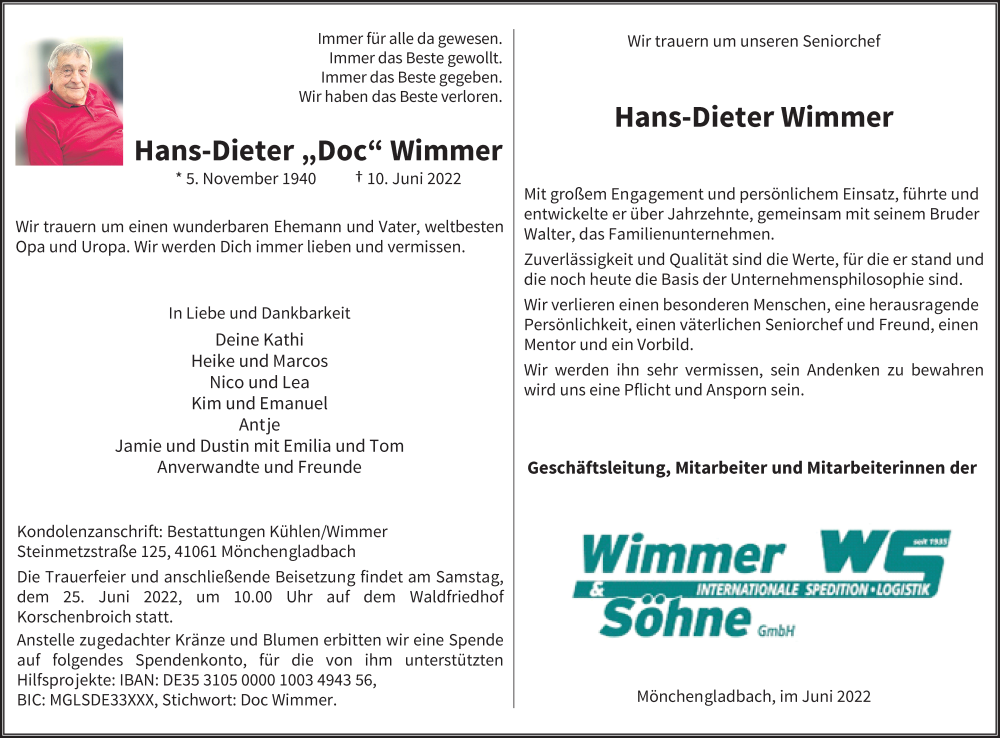  Traueranzeige für Hans-Dieter Wimmer vom 18.06.2022 aus Rheinische Post