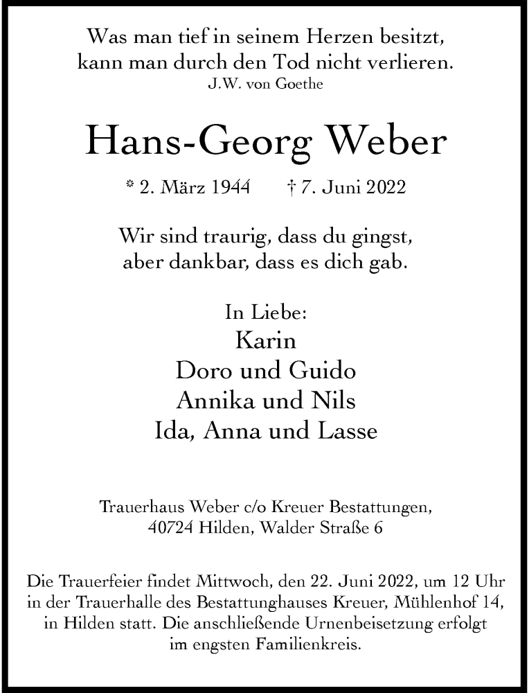  Traueranzeige für Hans-Georg Weber vom 11.06.2022 aus Rheinische Post