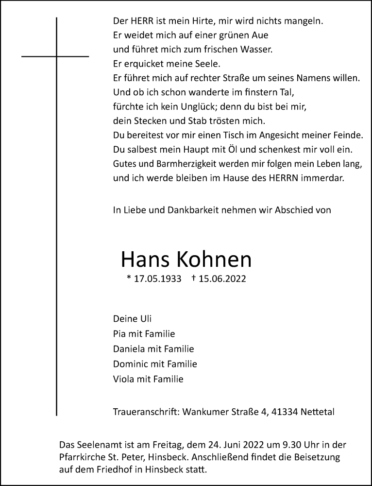  Traueranzeige für Hans Kohnen vom 18.06.2022 aus Rheinische Post