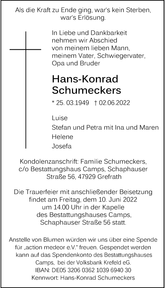  Traueranzeige für Hans-Konrad Schumeckers vom 04.06.2022 aus Rheinische Post