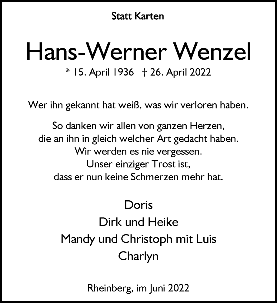  Traueranzeige für Hans-Werner Wenzel vom 18.06.2022 aus Rheinische Post